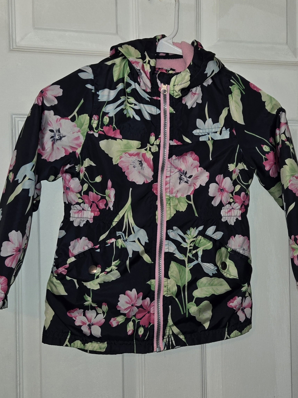 Carter's Black Floral Hooded Jacket with Pink Fleece Lining SZ M/5-6